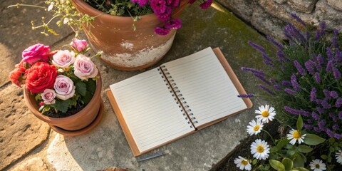 Aufkleber - A blank notebook open on a stone patio surrounded by potted flowers, ready to capture the beauty and tranquility of nature
