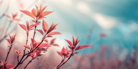 Poster - Softly lit, delicate red leaves reaching towards a hazy, blue sky, capturing the essence of spring's gentle awakening