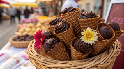 Poster - A basket filled with delicious chocolate-filled waffle cones, ready to be enjoyed at a bustling market