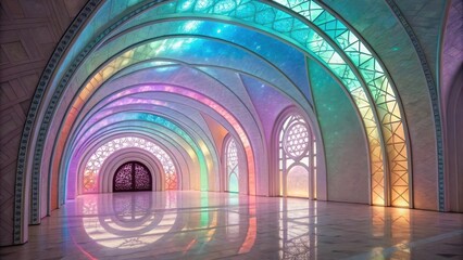 Aufkleber - An Architectural Masterpiece Featuring a Serene Hallway with a Stained Glass Ceiling,  Reflecting a Multicolored Glow on the Polished Floor