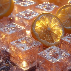Poster - Glowing Minimalist 3D Ice Cubes and Lemon Slices Pattern for Refreshing Clean Aesthetic