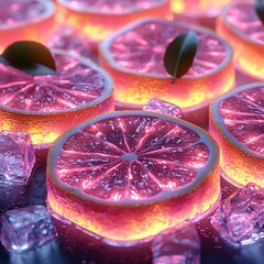 Poster - Minimalist 3D Pattern of Glowing Ice Cubes and Lemon Slices for a Refreshing and Clean Aesthetic