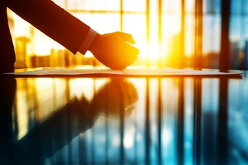 Poster - Businessman Hand on Table with Sunset Reflection in Office Space