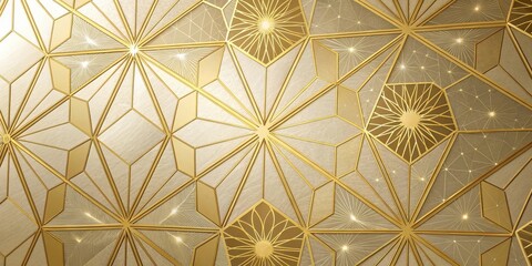 Fototapete - A shimmering abstract design of golden geometric shapes with glowing accents creates a sense of depth and intricate detail.
