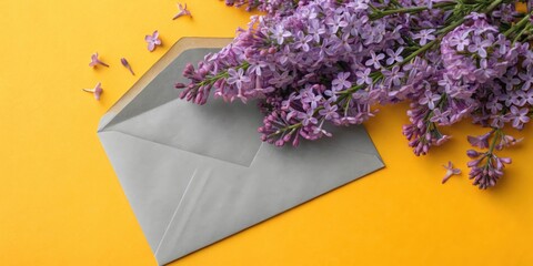 Poster - A gray envelope on a yellow background adorned with delicate purple lilac blossoms, a simple yet charming composition that whispers of spring's arrival and the joy of sending heartfelt messages.