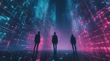 Fototapete - Three silhouetted figures stand amidst a vibrant digital landscape of glowing lines and patterns