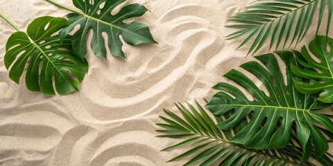Fototapete - Tropical Leaves Arranged on Sandy Surface with Ripples