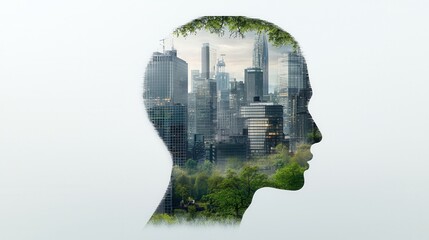 Poster - visionary digital artwork blending a human head silhouette with a dynamic urban skyline symbolizing 