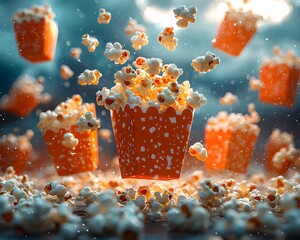 Poster - Glowing 3D Mini Popcorn Box Pattern with Spilling Kernels Over Vibrant Movie Night Theme