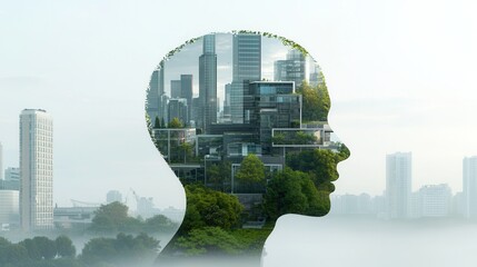 Poster - a visionary digital artwork that blends a human head silhouette with a futuristic cityscape showcasi
