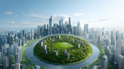 Poster - Visionary eco friendly futuristic city skyline with sustainable green architectural landscape high rise buildings and a winding river  of a smart innovative