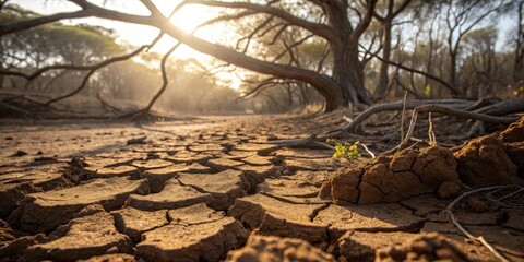 Aufkleber - A lone, gnarled tree branch reaches out from the dry, cracked earth towards a distant, hazy sun. The earth is parched and barren, a testament to the harshness of the environment.