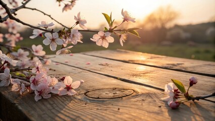 Poster - Delicate Spring Blossoms Gracefully Adorn a Rustic Wooden Tabletop Bathed in Warm Sunlight