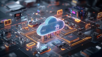 Poster - Visually Striking High Tech Digital Artwork Depicting a Futuristic Cloud Computing and Networking Landscape with Interconnected Digital Servers Circuits
