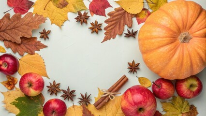 Poster - A vibrant autumnal still life featuring a plump pumpkin, ripe apples, and fragrant star anise surrounded by colorful autumn leaves.