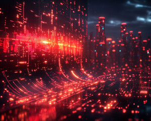 Poster - Futuristic cityscape with glowing red data streams and high tech aesthetics