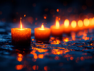 Poster - Soft glowing candles illuminate dark surface, creating serene atmosphere