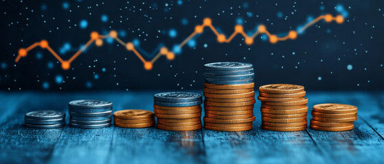 Poster - Stacked coins with financial graph background representing growth