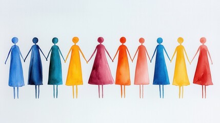 Poster - Vibrant abstract watercolor painting featuring a row of stylized human figures in a variety of colors symbolizing diversity inclusion and within a The simplified geometric shapes and fluid