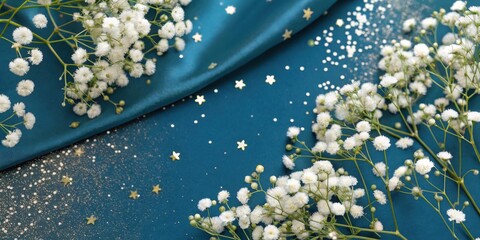 Poster - Delicate White Flowers Arranged on a Blue Fabric Background with Scattered Gold Stars