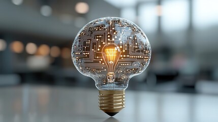 Poster - Illuminating Innovations Powering Creative Minds with Technological Breakthroughs  A digital showcasing a light bulb shaped circuit board symbolizing the intersection of technology intelligence