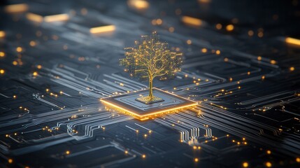 Fototapete - Futuristic digital landscape with a glowing tree like structure emerging from a complex network of interconnected circuits circuits and luminous geometric patterns