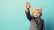 © euthan - Cat in Suit Raising Paw Against Blue Background for Creative Concepts