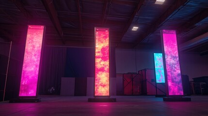 Poster - Three illuminated vertical displays in a dimly lit warehouse showcasing vibrant colors and patterns