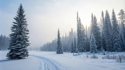 Aufkleber - A solitary pine tree stands tall amidst a snowy landscape, its branches frosted in white, casting a shadow on the pristine white snow as the sun peeks through the fog in the distance.