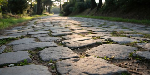 Fototapete - A perspective shot of a cobblestone path leading into a forest, with a sunlit background