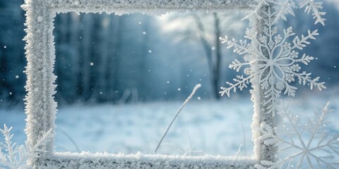 Aufkleber - Frosted Frame of Nature  A delicate snowflake pattern adorns a snow-covered branch, offering a glimpse of the wintry landscape beyond.