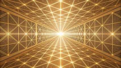 Leinwandbilder - A radiant golden corridor with glowing triangular patterns on the walls and floor, leading towards a distant bright light.