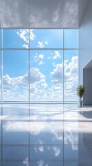 Leinwandbilder - A spacious lobby features sleek, modern design with large glass walls. Natural light floods the area, highlighting the reflective flooring and a solitary green plant