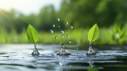 Poster - Mesmerizing photograph showcasing the intricate beauty of crystal like water droplets dancing on the surface of vibrant green leaves creating a dynamic and serene natural scene