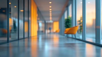 Poster - Brightly lit hallway features elegant glass walls and vibrant orange seating, leading towards a serene atmosphere filled with natural light and urban charm at dusk
