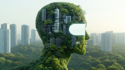 Poster - An imaginative eco futuristic portrait depicting a harmonious coexistence of nature and technology within an urban landscape symbolizing a vision for a sustainable and innovative future