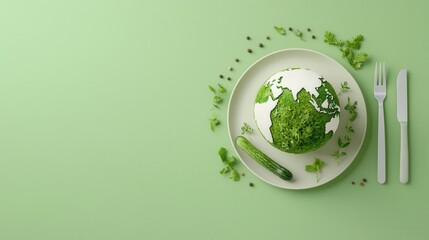 Poster - eco friendly digital globe placed on a plate with fresh greens and herbs surrounding symbolizing sus