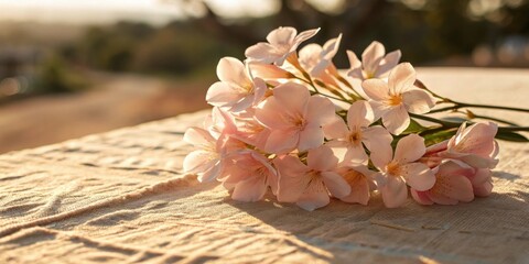 Fototapete - A delicate bouquet of pale pink flowers rests upon a textured linen surface, bathed in the warm glow of the setting sun.