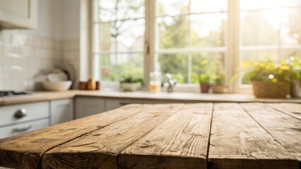 Poster - Rustic Wooden Tabletop with a Blurred Background of a Sunny Kitchen Window