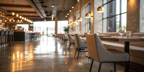 Poster - A Gleaming Tabletop and an Empty Chair Await Patrons in a Modern Restaurant