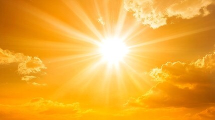 Poster - Bright golden sunlight streams through scattered clouds, creating a dazzling display in the evening sky. The warm orange colors evoke a sense of calm and beauty as day transitions to night