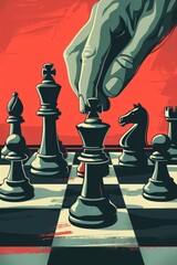 Leinwandbilder - Illustrated image of a hand making a chess move on a flat surface with prominent use of the color DA4E35