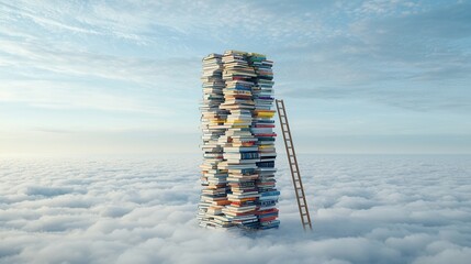 Poster - towering stack of books reaching toward the sky a symbolic representation of the pursuit of knowledg