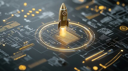 Poster - Futuristic Business Innovation and Financial Success Concept with Shiny Metallic Rocket Symbol Representing Potential for Growth and Transformation