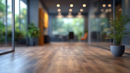 Aufkleber - A spacious office corridor features polished wooden flooring and potted plants, complemented by natural light streaming through large windows. The design promotes productivity and comfort