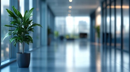 Aufkleber - A well-lit hallway features a potted plant positioned elegantly against a backdrop of glass partitions. Natural light floods the space, creating a calm, inviting environment