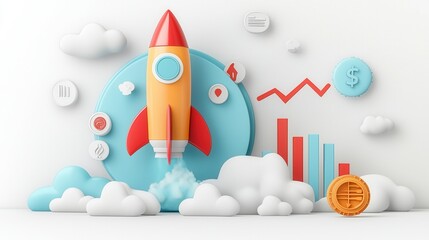 Poster - Vibrant modern 3D rendered depicting a rocket launch symbolizing business growth innovation and the pursuit of ambitious goals and dreams