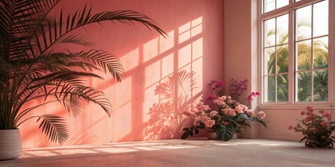 Aufkleber - Sunlight streams through a window, casting intricate shadows on a soft pink wall, highlighting a lush green palm plant and delicate pink flowers in pots, creating a serene and inviting atmosphere.