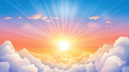 Poster - As the sun rises, soft pastel colors fill the horizon, blending blues, pinks, and oranges. Fluffy white clouds reflect the morning light, creating a serene atmosphere that inspires peace and renewal