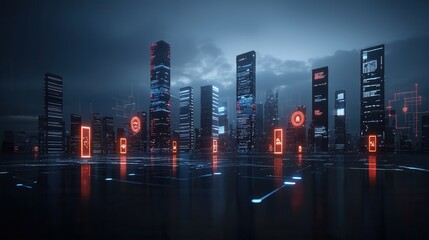 Poster - Breathtaking digital metropolis with sleek futuristic skyscrapers and vibrant neon lights reflecting on the dark moody cityscape at night